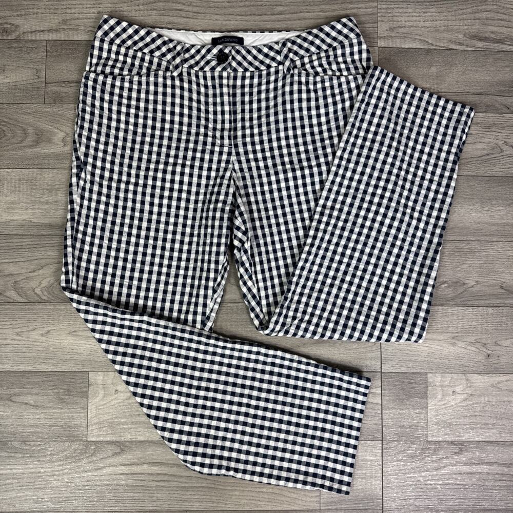 Lands End Check Seersucker Mid Rise Straight Leg Pants Navy Blue White sz 4